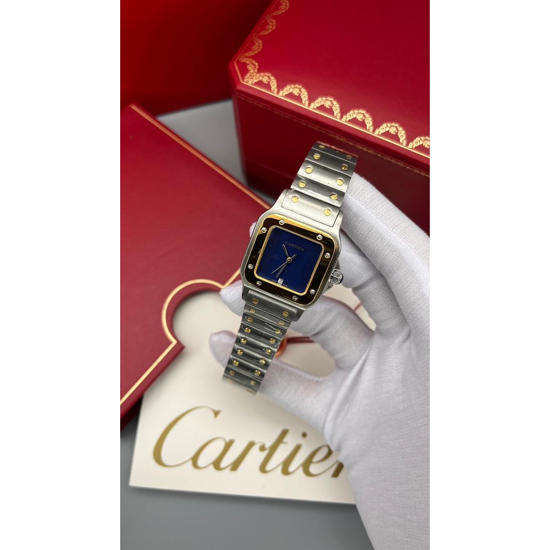 ساعت مچی کارتیه سانتوس Cartier Santos طلایی-نقره ای صفحه آبی