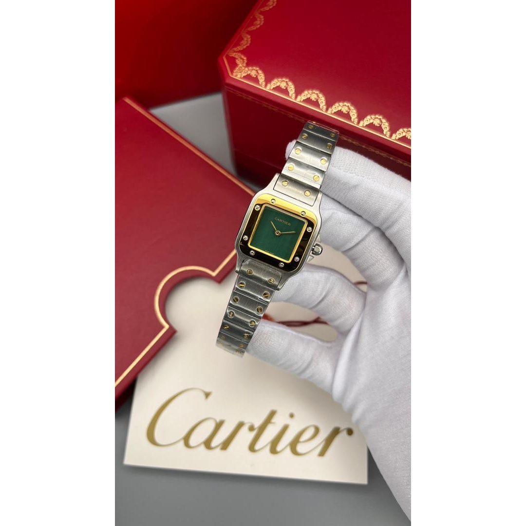 ساعت مچی کارتیه سانتوس Cartier Santos طلایی-نقره ای صفحه مشکی
