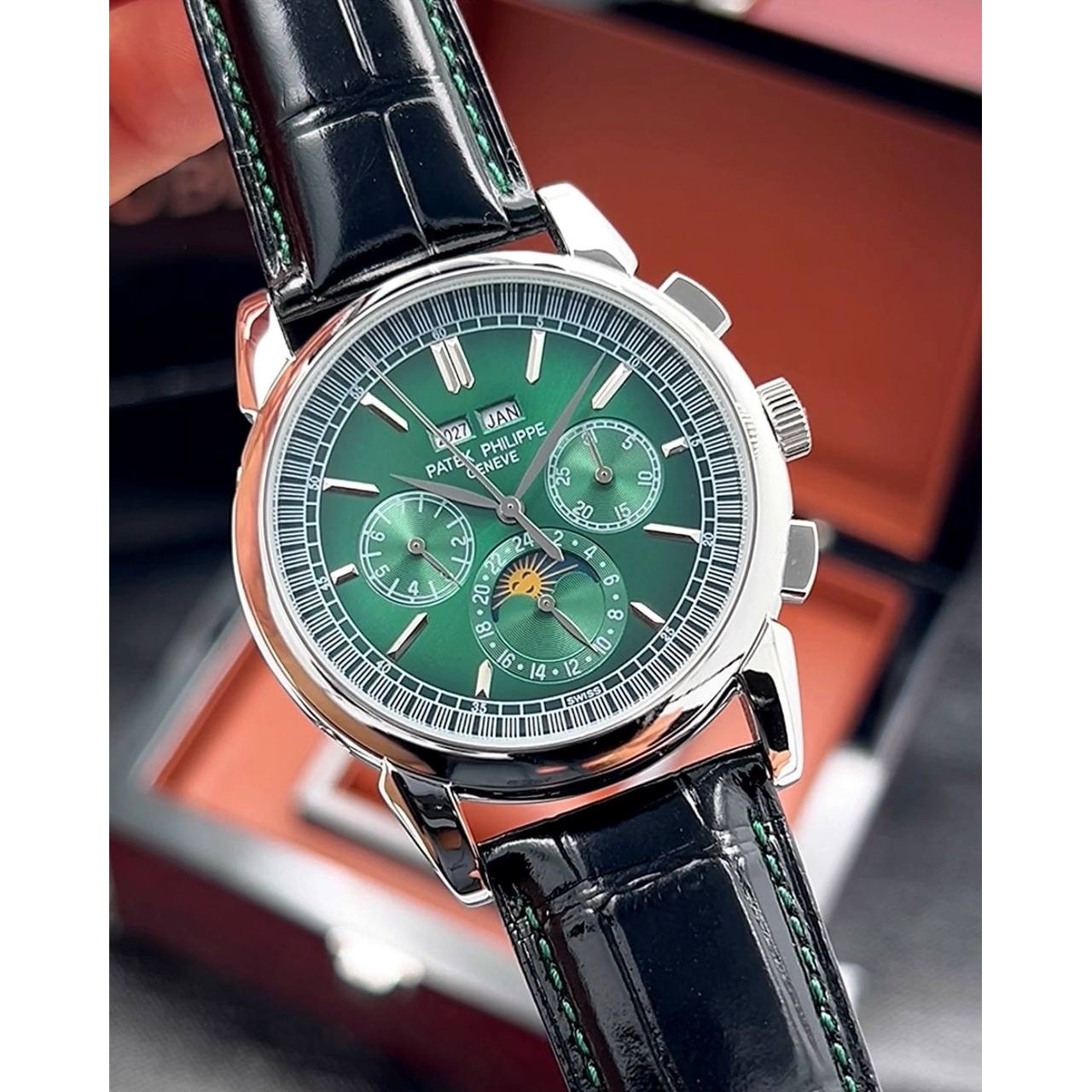 ساعت مچی پتک فیلیپ تقویم دائمی Patek Philippe Perpetual Calendar نقره ای صفحه سبز