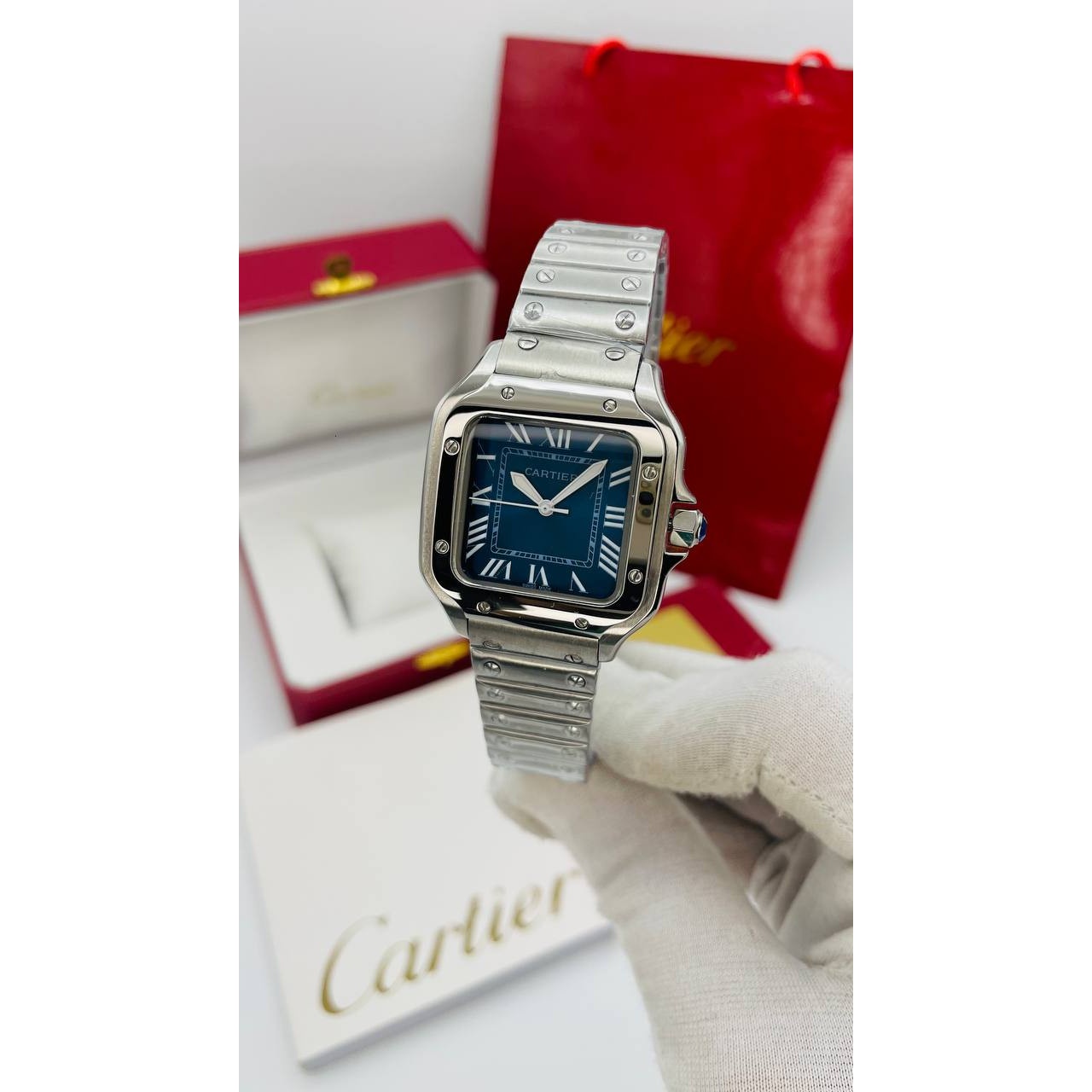 ساعت مچی کارتیه سانتوس Cartier Santos نقره ای صفحه آبی