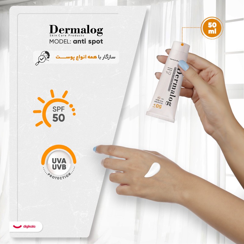 کرم ضد آفتاب بی رنگ صورت درمالوگ SPF 50 مدل 04 محافظ در برابر اشعه UVA مناسب برای انواع پوست حجم 50 میلی لیتر