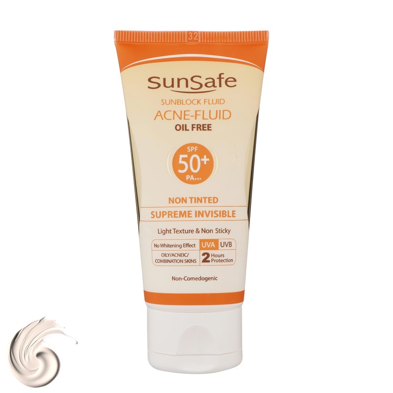 کرم ضدآفتاب بی رنگ سان سیف SPF50 مدل ACNE-FLUID مناسب پوست مختلط، حجم 50 میلی لیتر