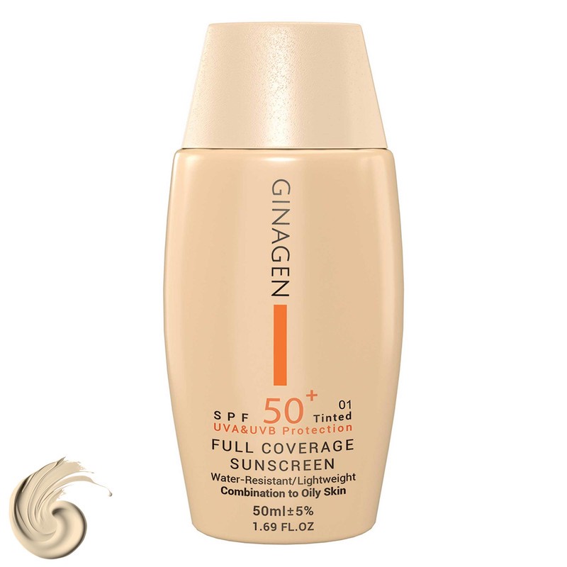 کرم ضد آفتاب رنگی ژیناژن، SPF 50، مدل 01، مناسب پوست های چرب و مختلط با تنالیته روشن و حجم 50 میلی لیتر، ضد آب، محافظ...