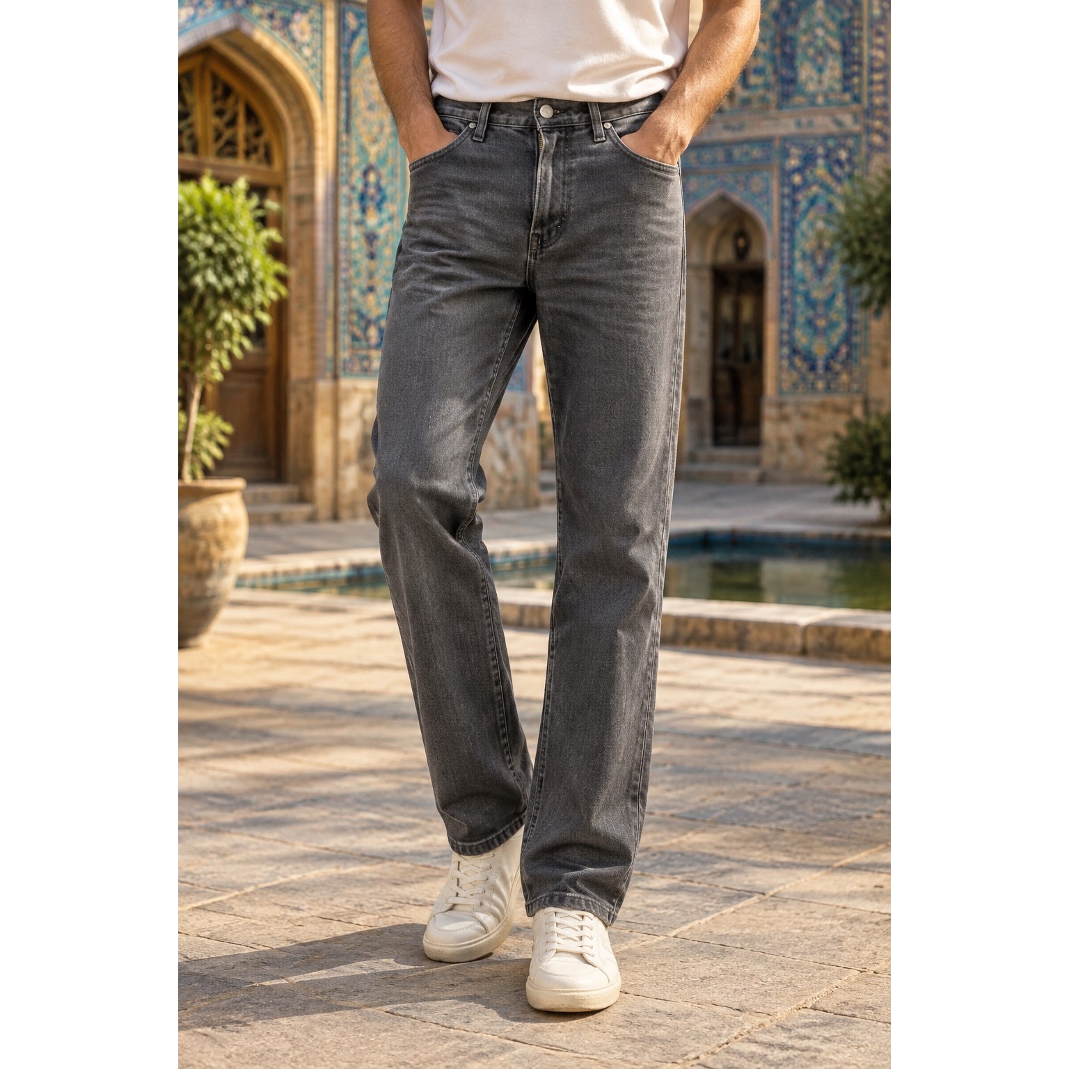 شلوار جین مردانه راسته طوسی سنگ شور پنبه کش Men s Stone Washed Grey Straight Fit Stretch Jeans
