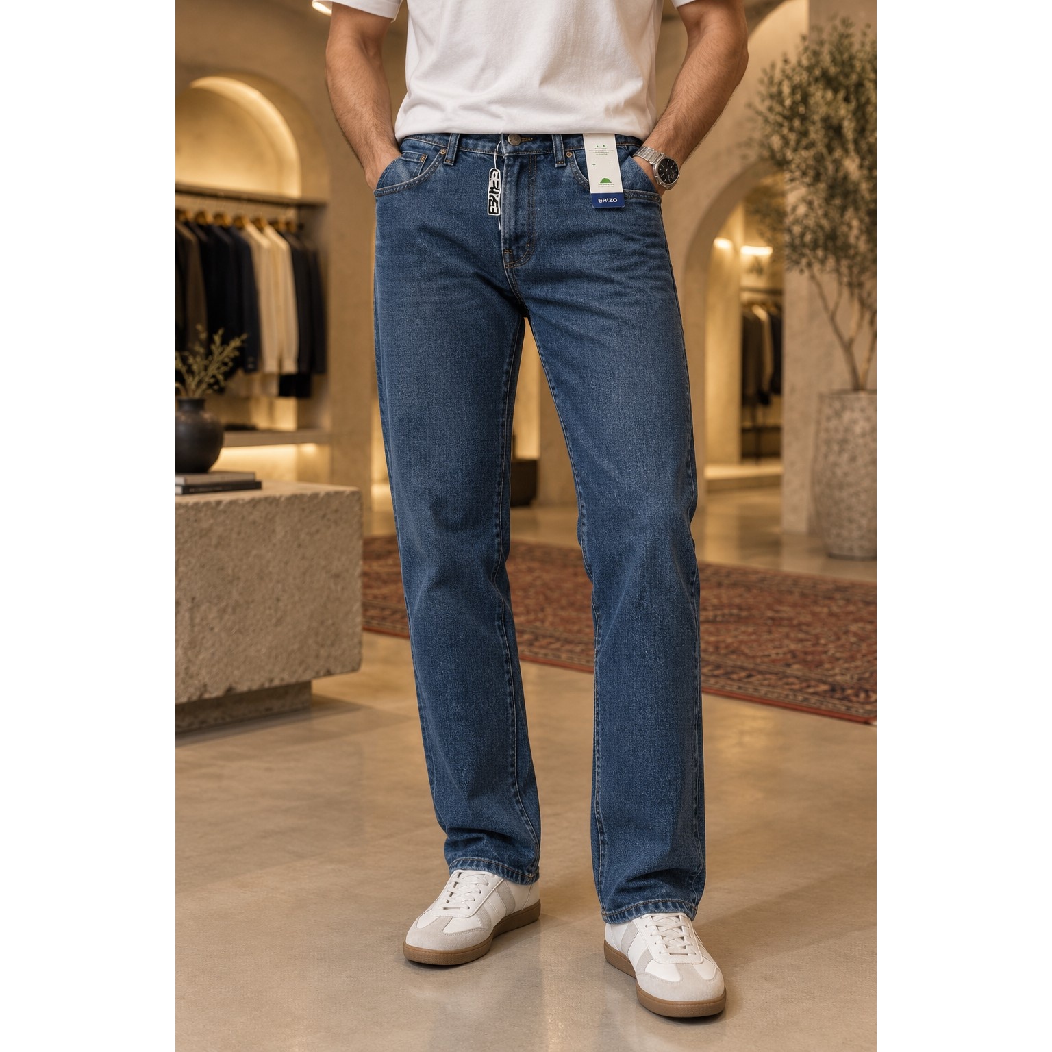 شلوار جین مردانه راسته آبی اقیانوسی پنبه کش Men s Deep Ocean Blue Straight Jeans