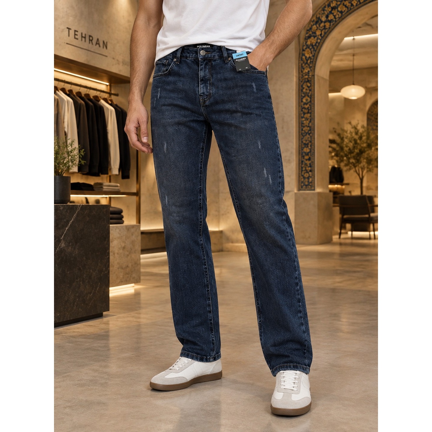 شلوار جین مردانه راسته آبی تیره کشسان Men s Dark Blue Straight Stretch Jeans
