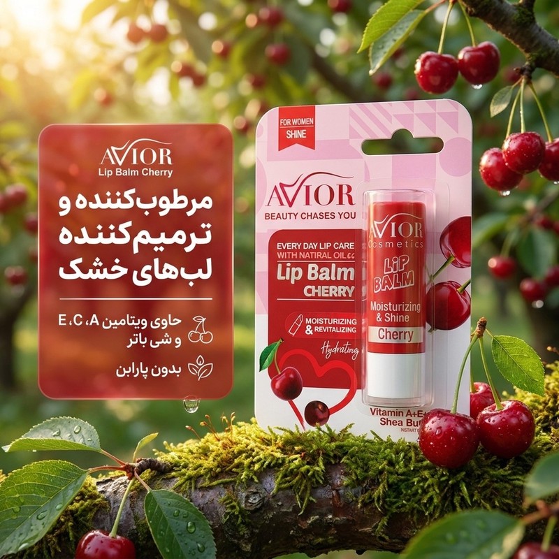 بالم لب اویور مدل cherry با ویتامین A، C، E و شی باتر، مرطوب کننده و ترمیم کننده لب های خشک و آسیب دیده بدون پارابن