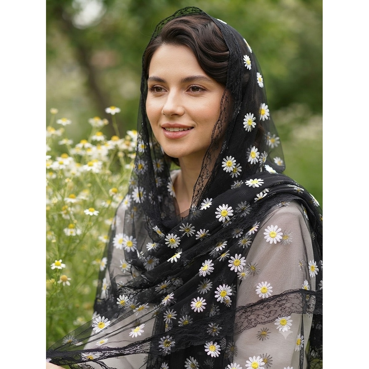 شال مشکی تور بابونه حاشیه دانتل