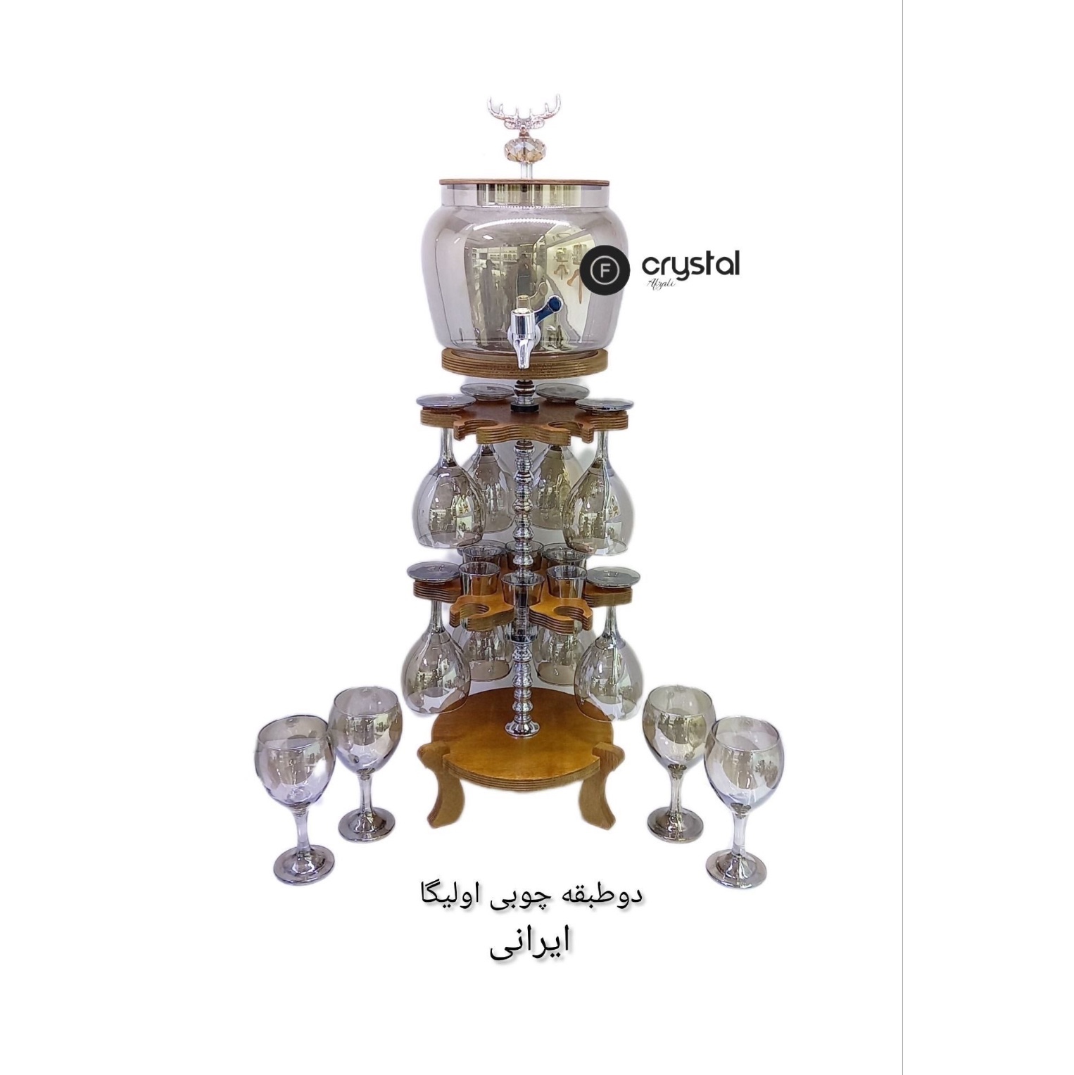 کلمن شربت شیشه ای دو طبقه پایه چوبی وجام 12 نفره