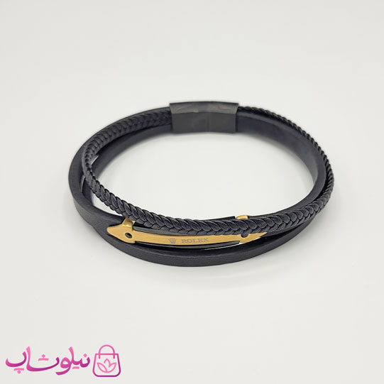 دستبند مردانه چرم استیل مدل رولکس رنگ طلایی مشکی کیفیت مستر کد 1150