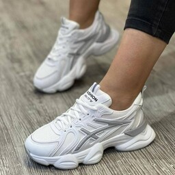 کتونی آسیکس زنانه دخترانه کفش ونس اسپورت اسپرت اسیکس asics طوسی سفید مشکی چرم لژدارلژ دارشیک طبی سبک راحت ورزشی چهل وپنج