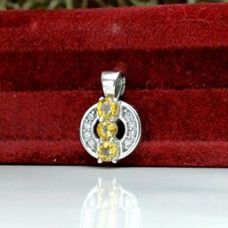 مدال توگردنی نقره زنانه جواهری سه نگینه سیترین طلایی اصلی