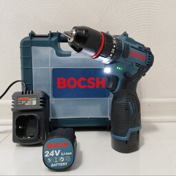 پیچگوشتی شارژی چکشی 24 ولت بوش bosch براشلس دو باطری دریل شارژی سه کاره بوش همراه لوازم دریل شارژی 24 ولت براشلس بوش