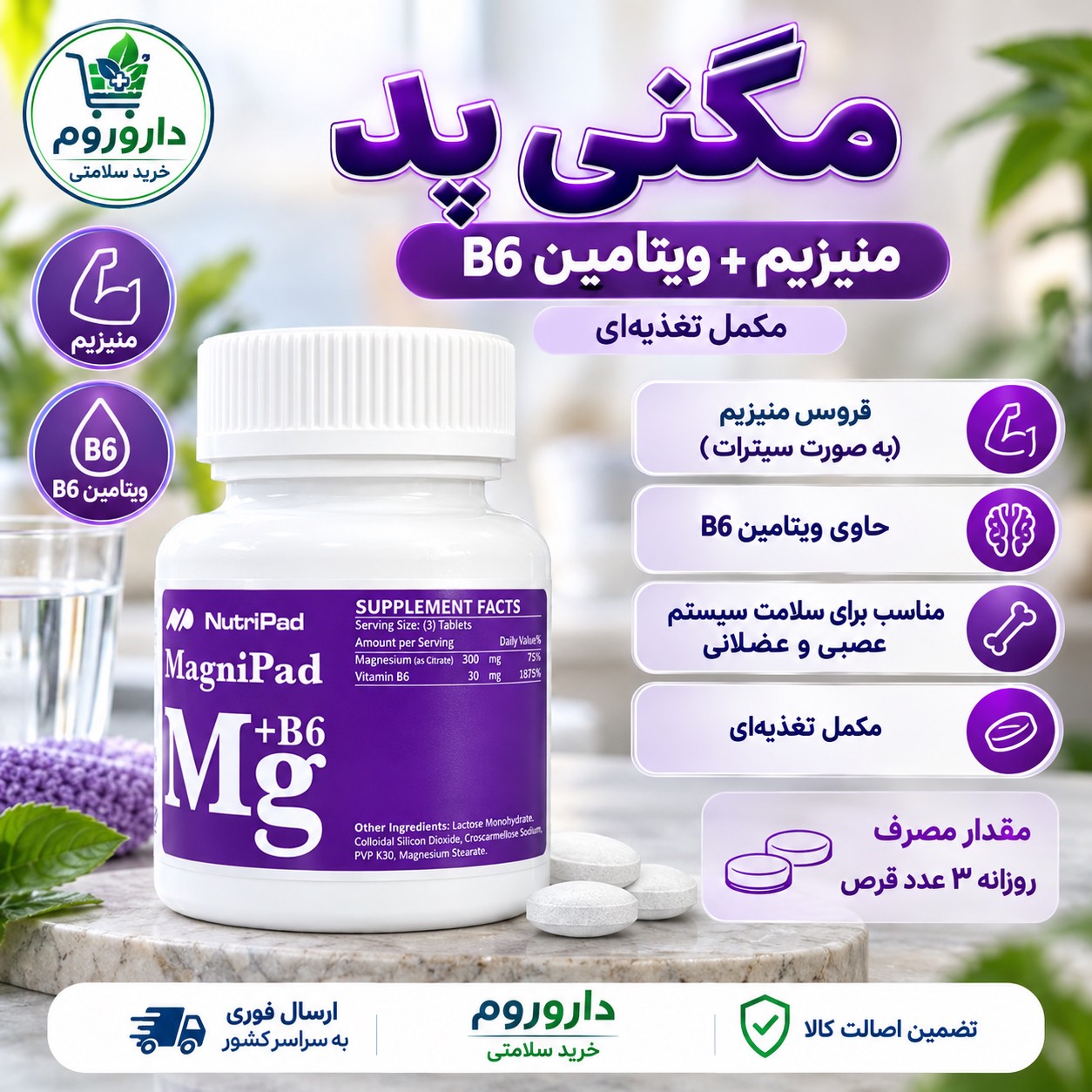قرص مگنی پاد نوتری پاد منیزیم سیترات ویتامین B6 حفظ سلامت سیستم عصبی و عضلانی