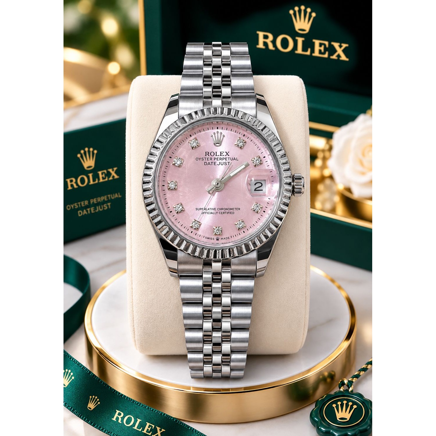 ساعت زنانه بند نقره ای صفحه صورتی برند( رولکس) ROLEX DATE JUST