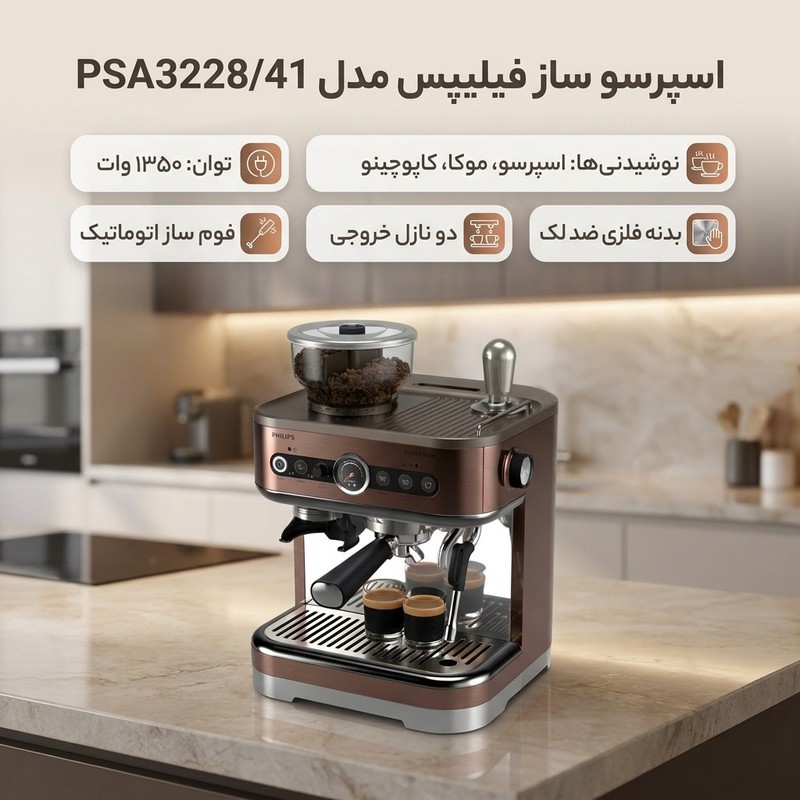 اسپرسوساز فیلیپس مدل PSA3228 41 با توان 1350 وات، 2 نازل قهوه، فوم ساز اتوماتیک، تمپر قهوه و بدنه فلزی ضد اثر انگشت