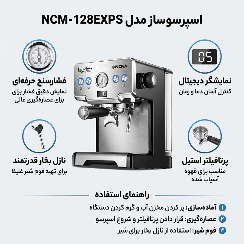 اسپرسوساز نیمه صنعتی 1700 میلی لیتری نوا مدل NCM-128EXPS، با مصرف پودر قهوه، مناسب تهیه اسپرسو، کاپوچینو و کافه لاته،...