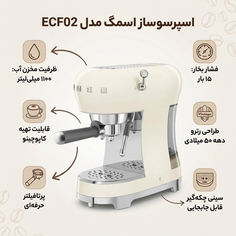 اسپرسوساز خانگی 1100 میلی لیتری اسمگ مدل ECF02، با مصرف پودر و پد قهوه، مناسب تهیه اسپرسو لانگو، کافه لاته و ماکیاتو،...