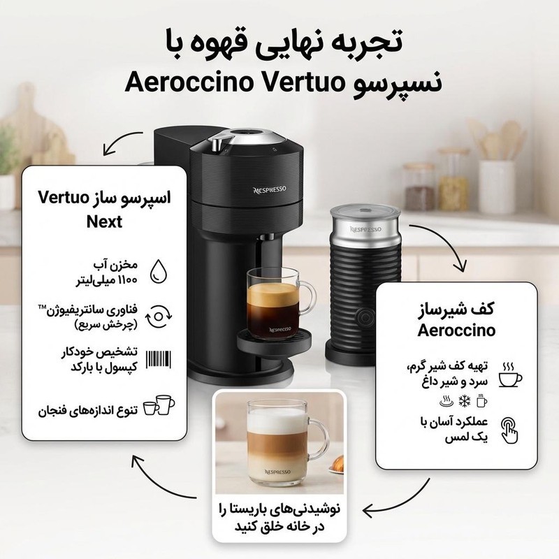 اسپرسوساز نیمه صنعتی 1100 میلی لیتری نسپرسو مدل Vertuo Next، با مصرف کپسول قهوه، مناسب تهیه اسپرسو، کاپوچینو، ریسترتو...