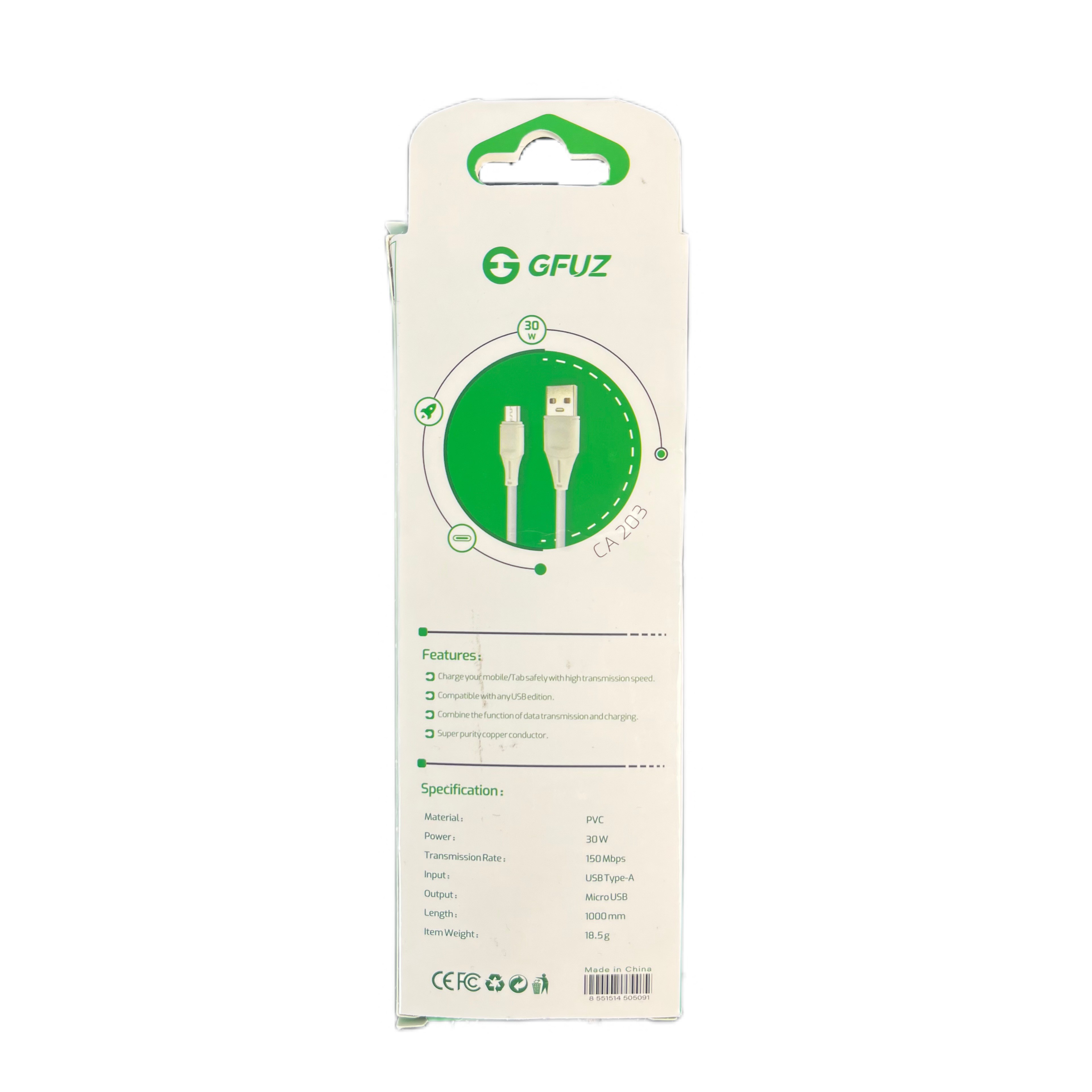 کابل شارژ GFUZ یواس بی به میکرویواس بی (اندرویدی) 1 متری کد CA203 - سفید