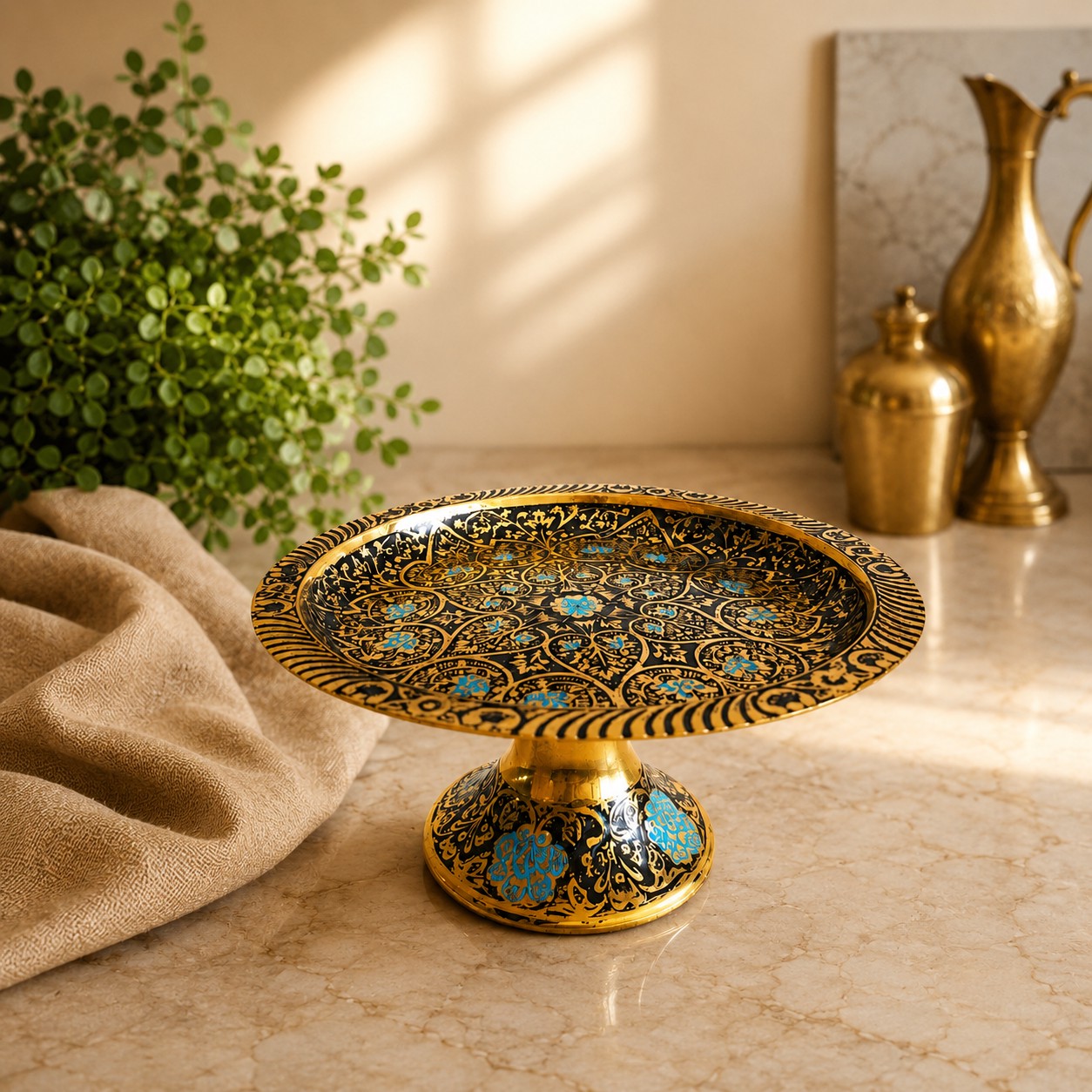 شیرینی خوری خرما خوری کوچک برنجی میناکاری پایه دار کوچک(مشکی)جدید