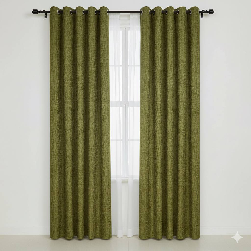 پرده آماده پانچ مخمل شانل سبز زیتونی کدm22875