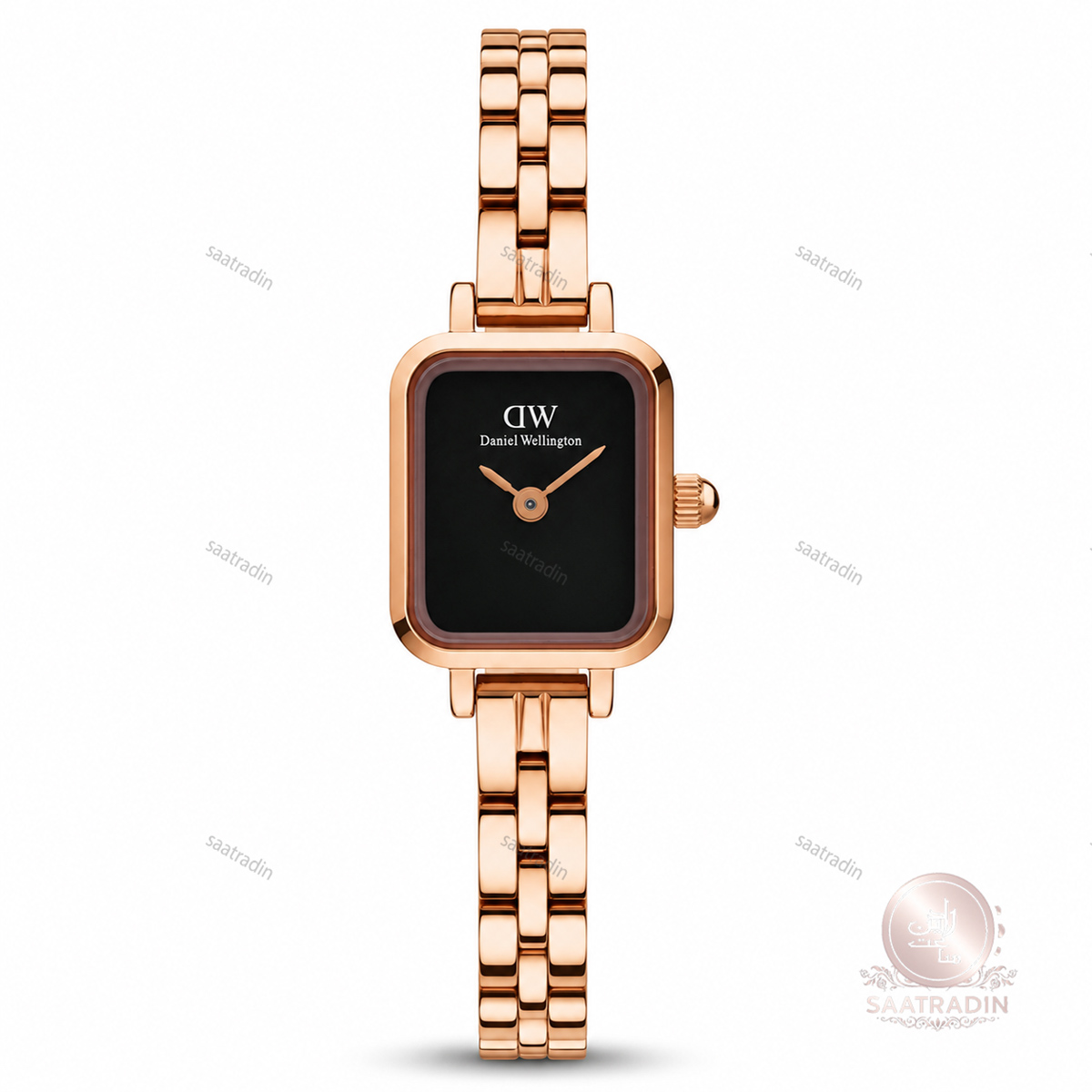ساعت زنانه دنیل ولینگتون مینی Quadro Rose Gold صفحه مشکی بند استیل رزگلد