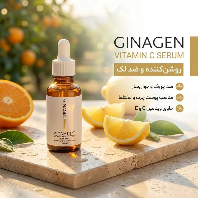 سرم ضد چروک ژیناژن مدل ویتامین C حجم 30 میلیلیتر، روشنکننده، مرطوبکننده، ضد التهاب، مناسب پوست چرب و مختلط
