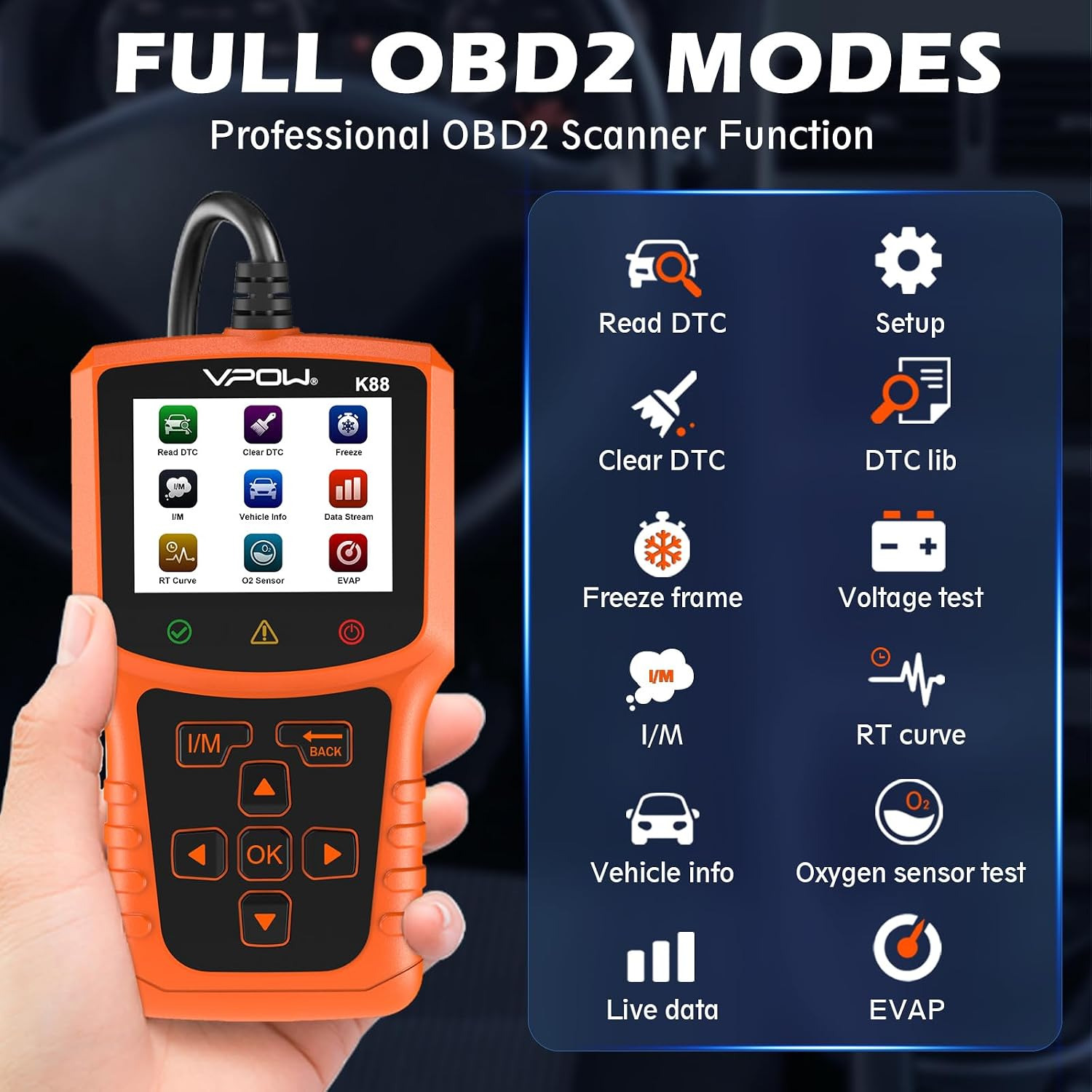 اسکنر دیاگ خودرو VPOW OBD2 با تست باتری و لایو دیتا
