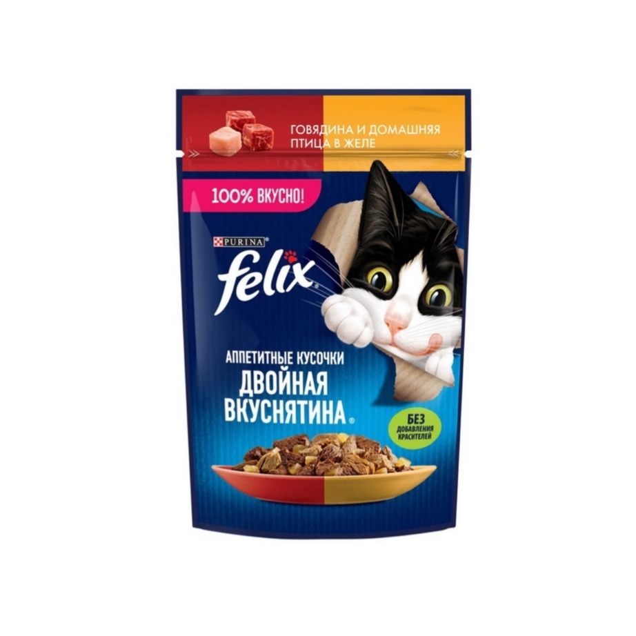 پوچ گربه بالغ فلیکس با طعم مرغ و بیف در ژله وزن 75 گرم
