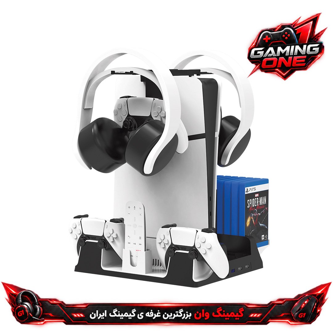 پایه شارژر و فن خنککننده تسکو TGS 20 برای PS5، شارژ سریع دو گیمپد، 3 فن لمسی، 14 جای دیسک