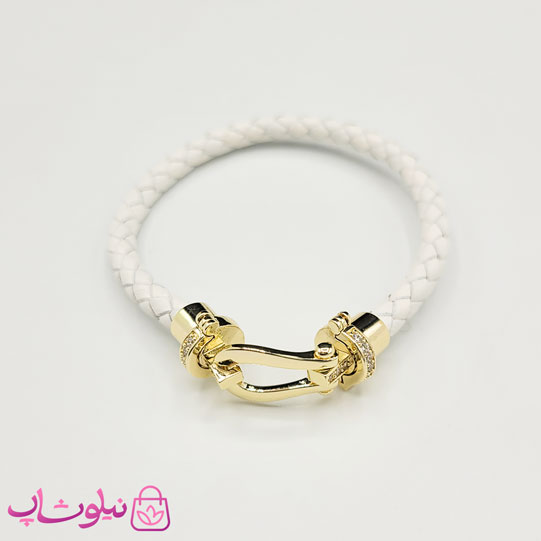 دستبند زنانه برند فرد Fred مدل چرم سفید با قفل طلایی نگیندار استیل کیفیت مستر کد 680