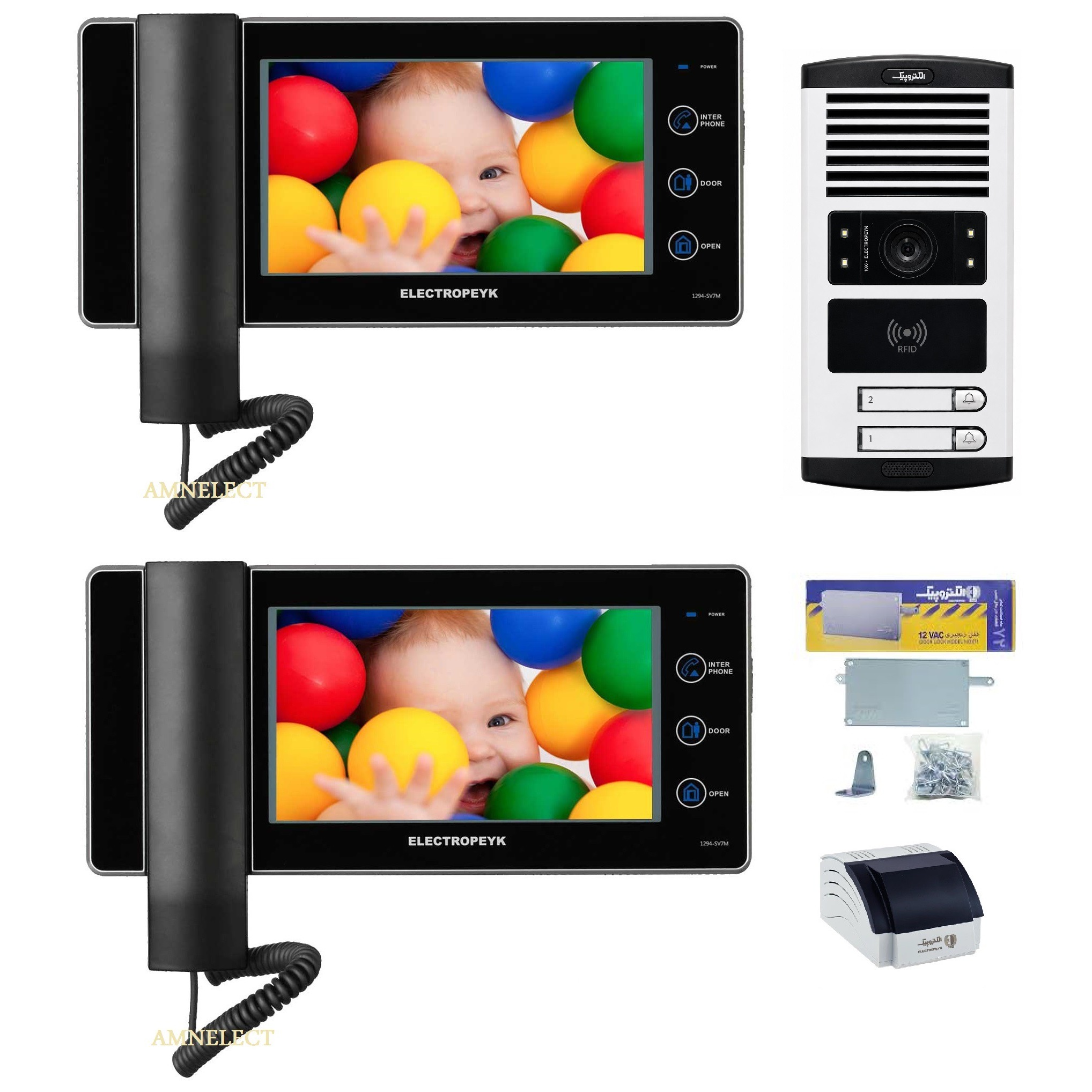 خرید پکیج کامل آیفون تصویری 7 اینچ الکتروپیک مدل 1294 حافظه دار با پنل RFID 1086 کارتخوانجدید