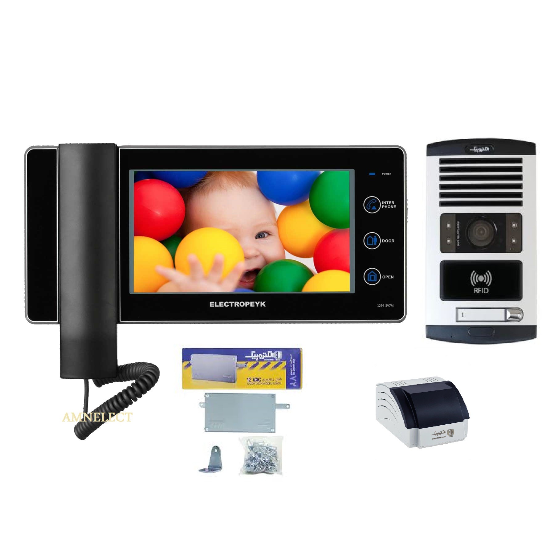 خرید پکیج کامل آیفون تصویری 7 اینچ الکتروپیک مدل 1294 حافظه دار با پنل RFID 1086 کارتخوانجدید