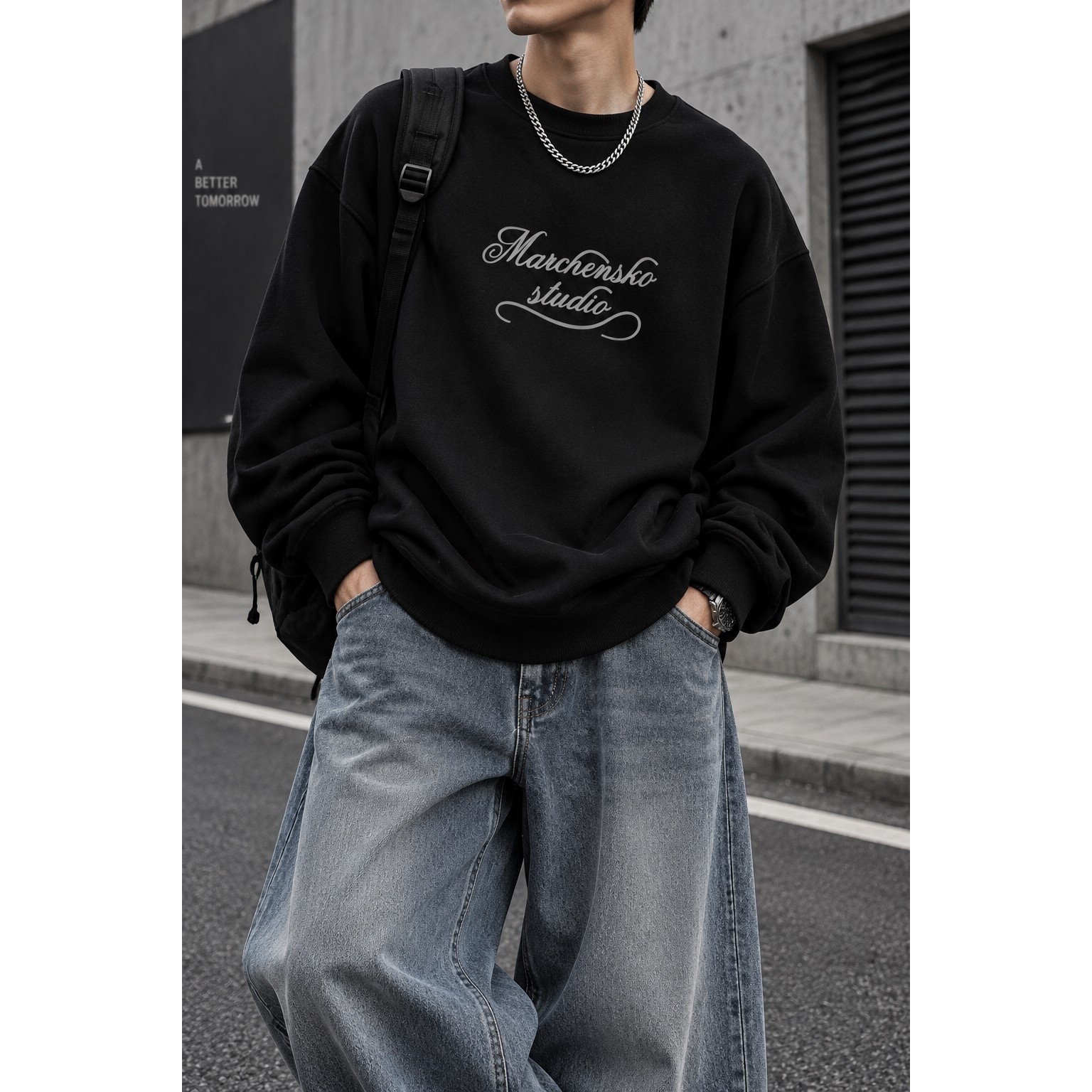 دورس پاییزه مردانه سه نخ پنبه گرم بالا رنگ مشکی Minimal Cotton Sweatshirt