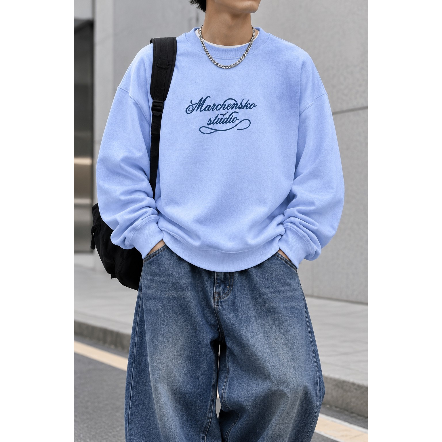 دورس پاییزه مردانه سه نخ پنبه گرم بالا رنگ ابی پاستیلی Minimal Cotton Sweatshirtجدید