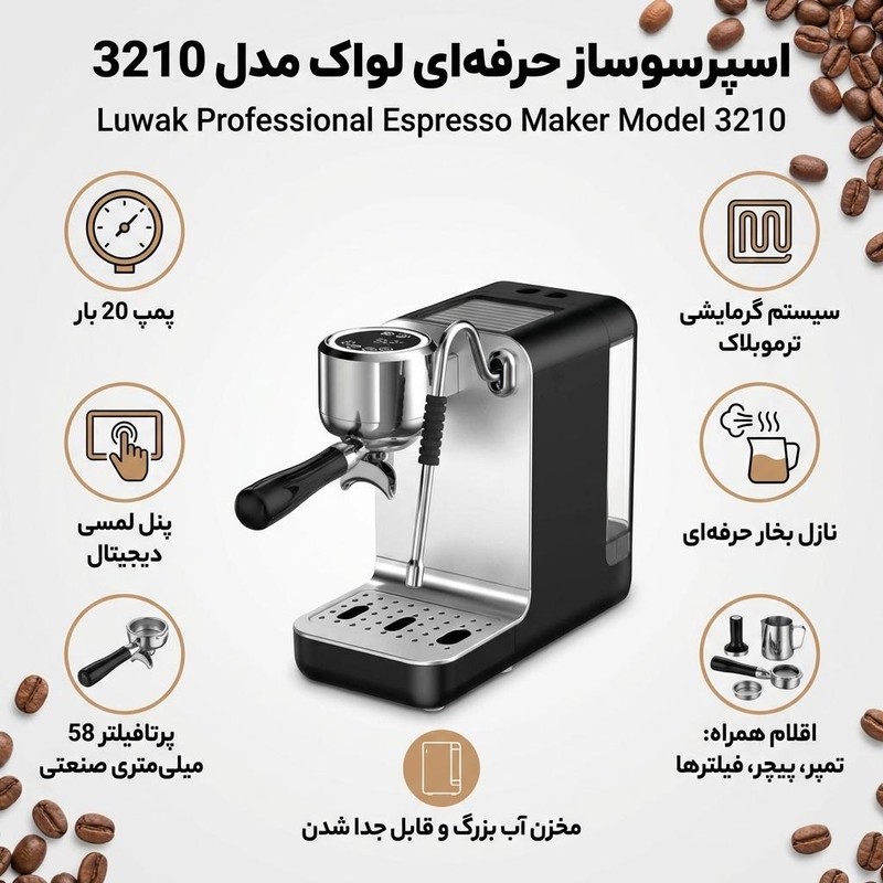 اسپرسوساز نیمه صنعتی لواک مدل 3210، مناسب تهیه اسپرسو، کافه لاته و کاپوچینو، دارای 1 عدد نازل قهوه، سیستم گرم کردن فن...