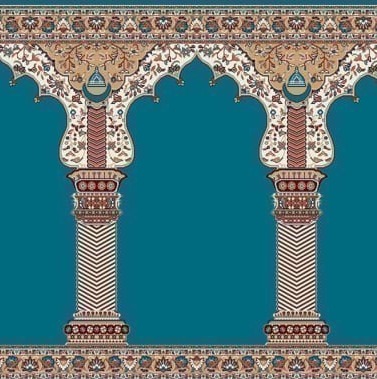 سجاده فرش طرح ایوانهای محرابی با سبک معماری اصیل مسجدی و حاشیههای سنتی