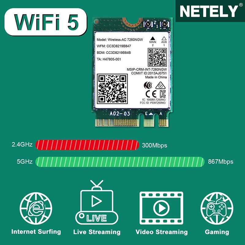 کارت وایرلس لپ تاپ Intel Dual Band Wireless-AC 7260 NGW M.2جدید