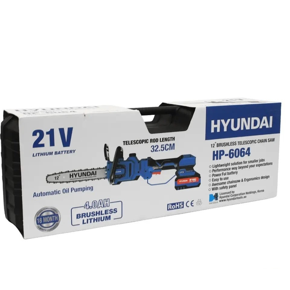 اره زنجیری شارژی هیوندای مدل HP6064 دسته تلسکوپی 30 سانت براشلس