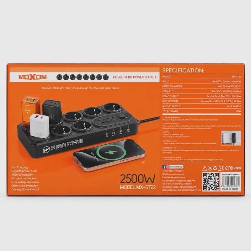 چندراهی برق موکسوم MX ST-22 هشت پریز USB Type-C کد Z193-140743