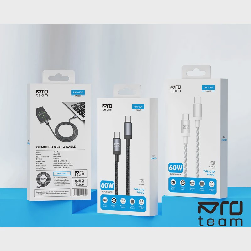 کابل شارژ کنفی Type-C TO Type-C پروتیم PRO-101 طول 1 متری کد Z250-140808جدید