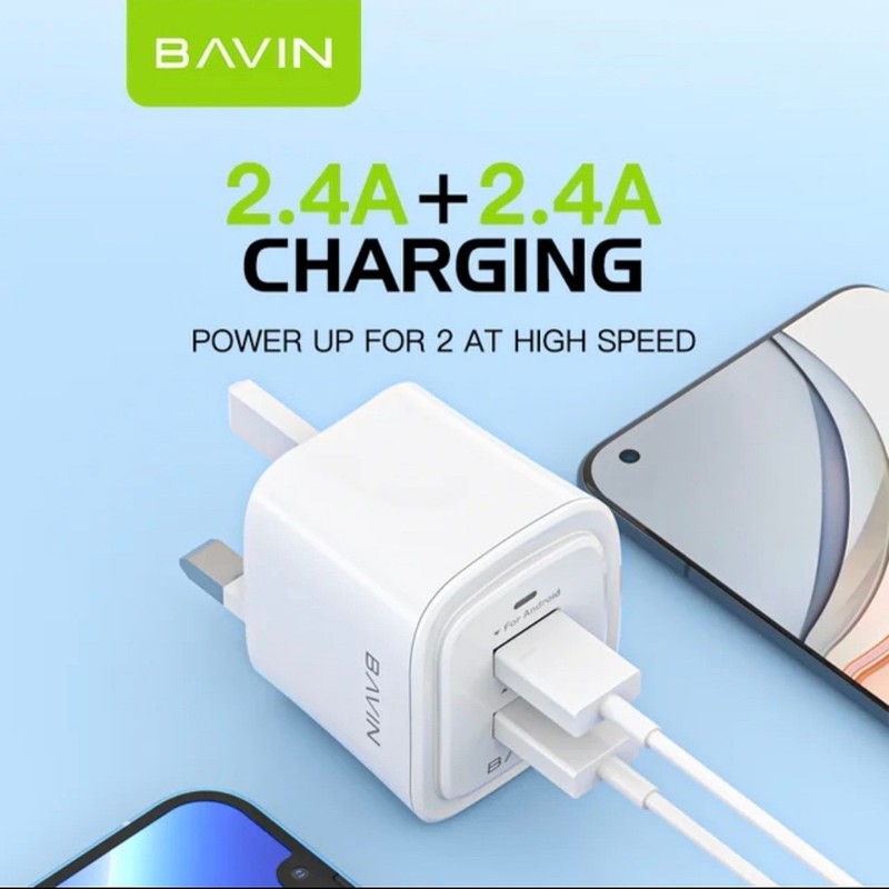 شارژر دیواری 12 وات باوین مدل PC386E-DUAL به همراه کابل تبدیل USB-C