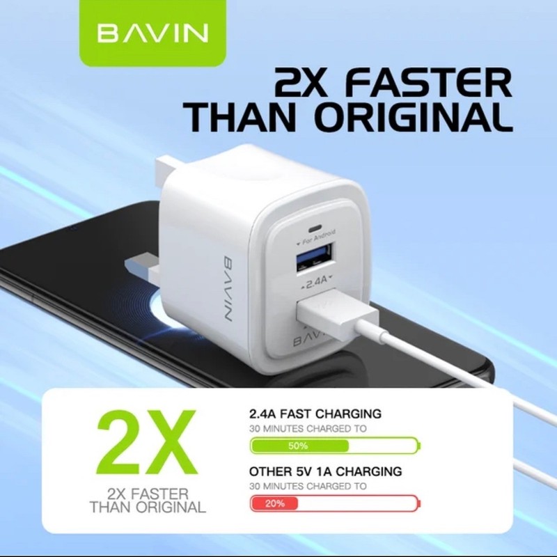 شارژر دیواری 12 وات باوین مدل PC386E-DUAL به همراه کابل تبدیل USB-C