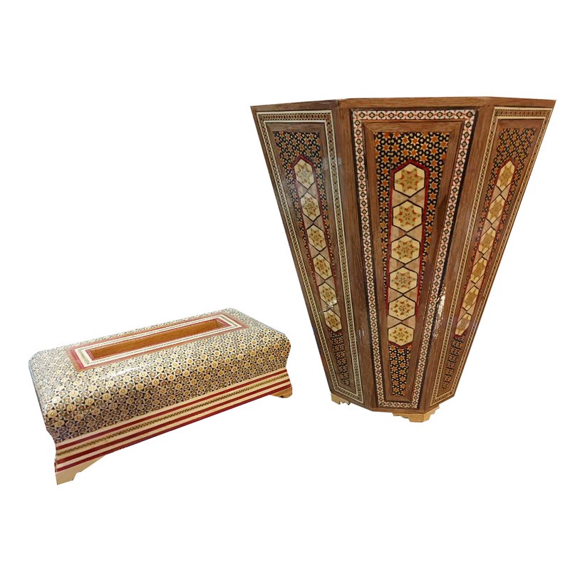 ست جعبه دستمال کاغذی و سطل خاتم کاری چوبی کد 548