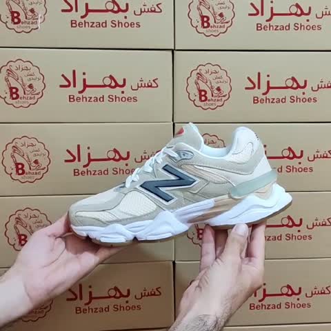 کتونی پسرانه مردانه نیو بالانس 9060 سایز 41 تا 44 رنگ کرم طوسی زیره پیو لژ 5 سانتی کفی طبی رویه فابیلاک و راشل خارجی