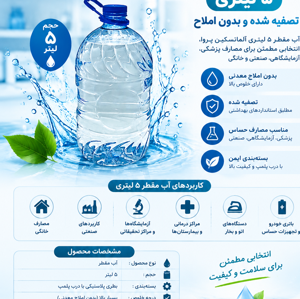 آب مقطر (آب دیونیزه) 5 لیتری 2 بار تقطیر