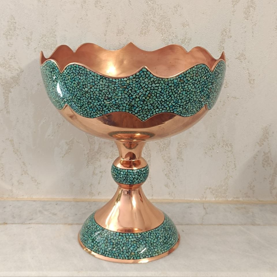 ظرف میوه خوری پایه دار مسی فیروزه کوبی