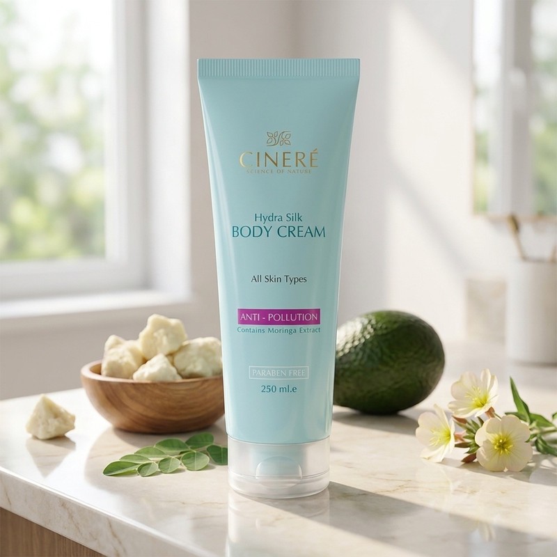 کرم بدن مرطوب کننده سینره مدل Hydra Silk حجم 250 میلی لیتر با محافظت در برابر آلودگی هوا، حاوی پپتیدهای مورینگا، روغن...
