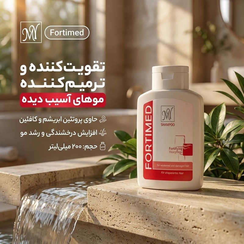 شامپو تقویتکننده مو مای مدل Fortimed حجم 200 میلیلیتر، مناسب موهای آسیب دیده، نرمکننده و تقویتکننده، حاوی پروتئین هید...